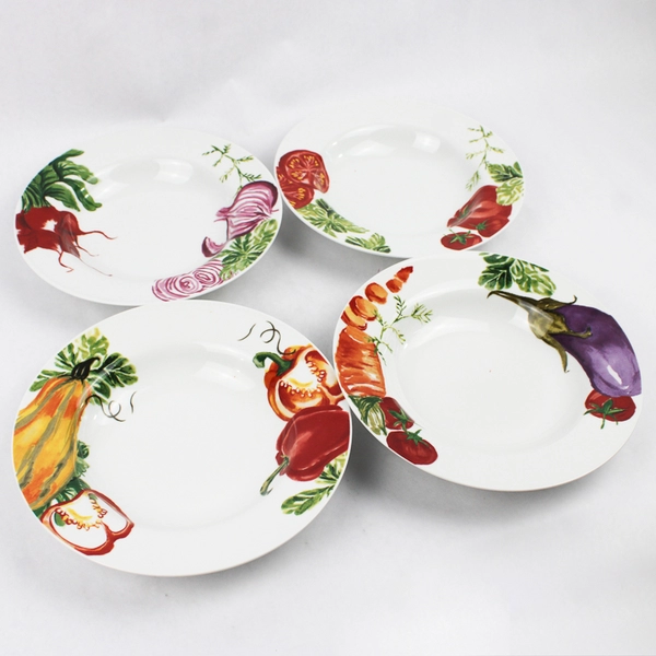 Set of 4 World Market Vegetable Pattern Ceramic Pasta Or Coupe Soup Bowls