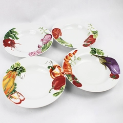 Set of 4 World Market Vegetable Pattern Ceramic Pasta Or Coupe Soup Bowls