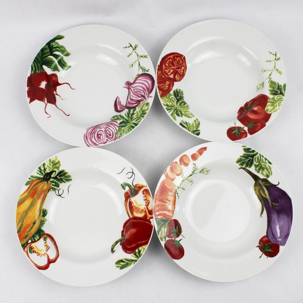Set of 4 World Market Vegetable Pattern Ceramic Pasta Or Coupe Soup Bowls