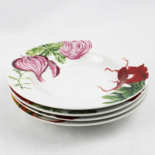 Set of 4 World Market Vegetable Pattern Ceramic Pasta Or Coupe Soup Bowls