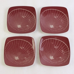 Set of 4 Trish Richman 5" Small Square Ceramic Plates Red Shell Dessert Snack
