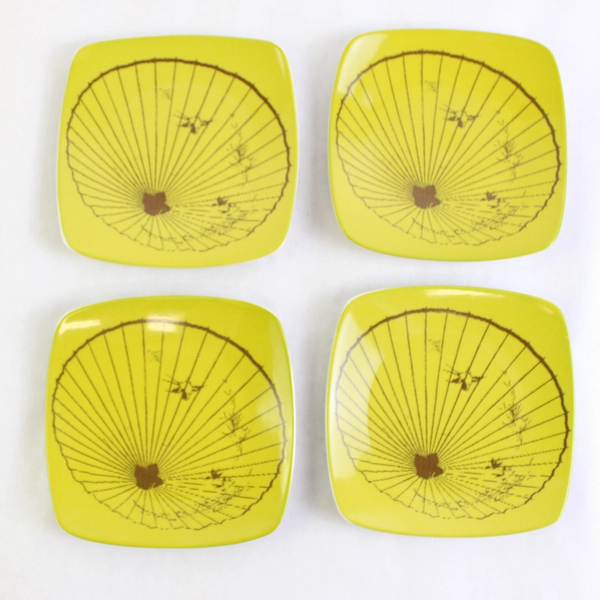 Set of 4 Trish Richman 5" Small Square Ceramic Plates Green Shell Dessert