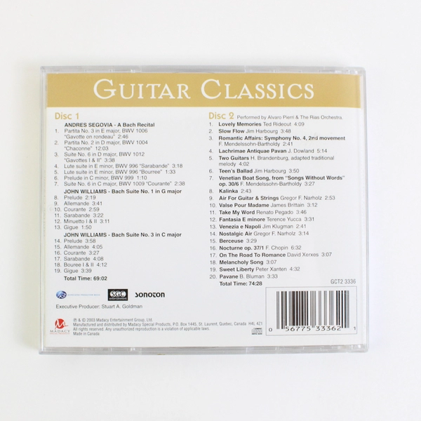 Guitar Classics 2-Disk CD Bach by Andres Segovia John Williams Golden Classics
