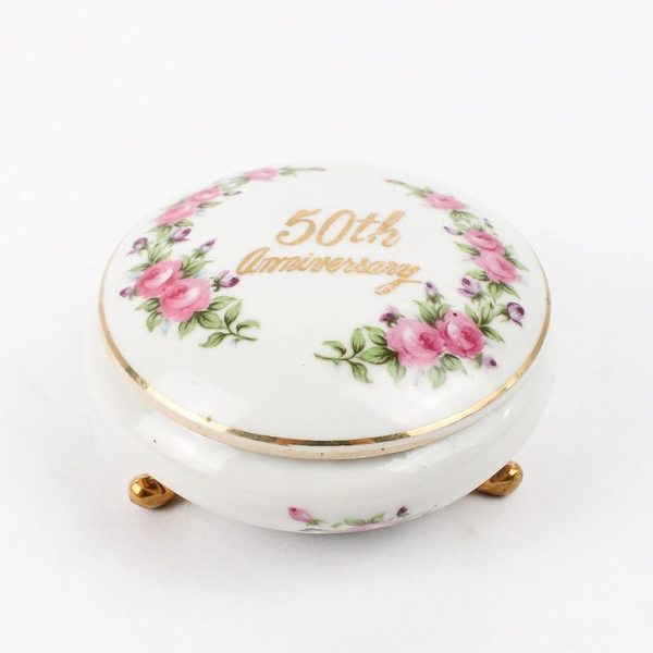 Norcrest Porcelain 50th Anniversary Footed Trinket Box white With Pink Roses