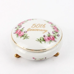 Norcrest Porcelain 50th Anniversary Footed Trinket Box white With Pink Roses