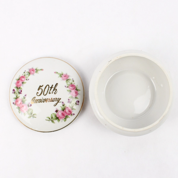Norcrest Porcelain 50th Anniversary Footed Trinket Box white With Pink Roses
