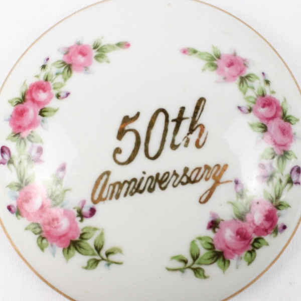 Norcrest Porcelain 50th Anniversary Footed Trinket Box white With Pink Roses