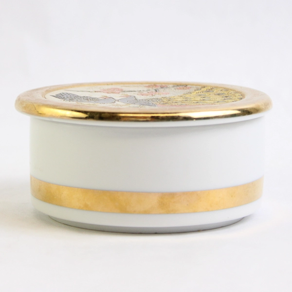 Vintage The Art Of Chokin Peacocks Trinket Box with Lid Edged In 24K Gold Japan