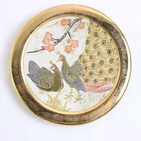 Vintage The Art Of Chokin Peacocks Trinket Box with Lid Edged In 24K Gold Japan