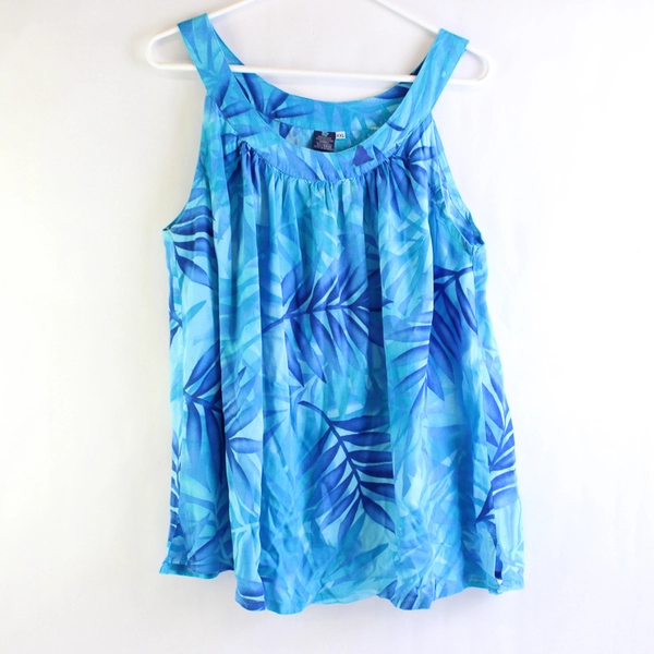 Tina's Creation Hibiscus Collection Blue Palm Leaf Print Blouse Women's 2XL