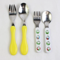 Lot of 2 Toddler Fork And Spoon Sets Snowman And Yellow Plastic Handles