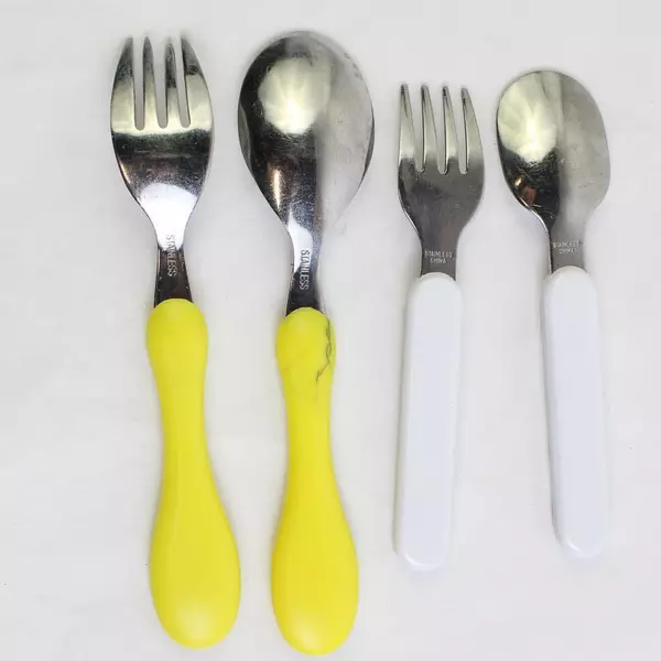 Lot of 2 Toddler Fork And Spoon Sets Snowman And Yellow Plastic Handles