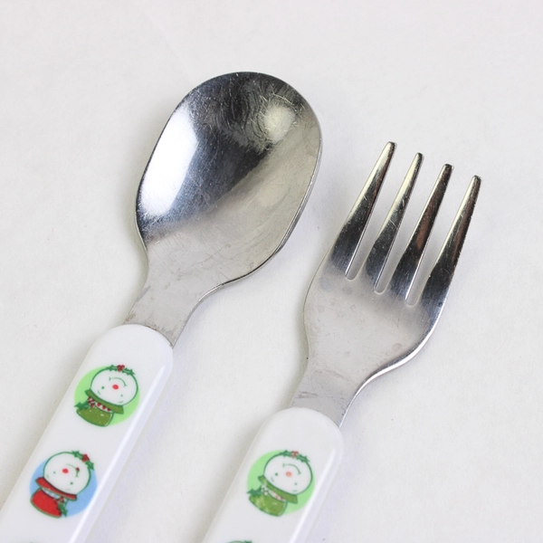 Lot of 2 Toddler Fork And Spoon Sets Snowman And Yellow Plastic Handles