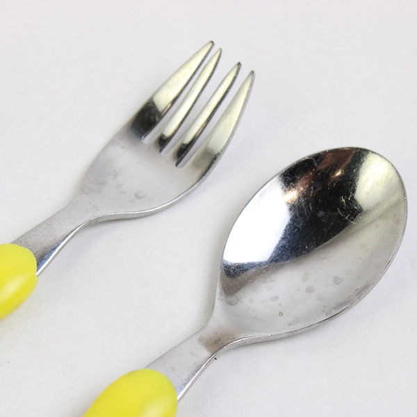 Lot of 2 Toddler Fork And Spoon Sets Snowman And Yellow Plastic Handles