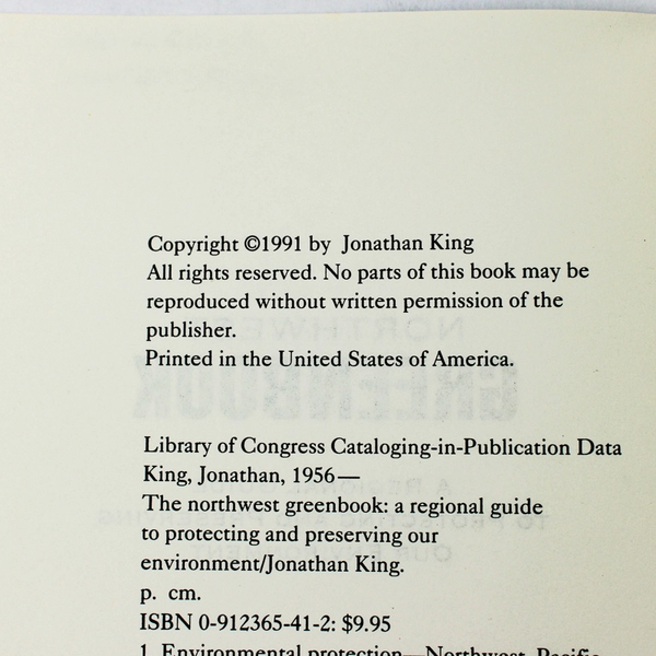 Northwest Greenbook by Jonathan King 1991 Paperback Protecting the Environment