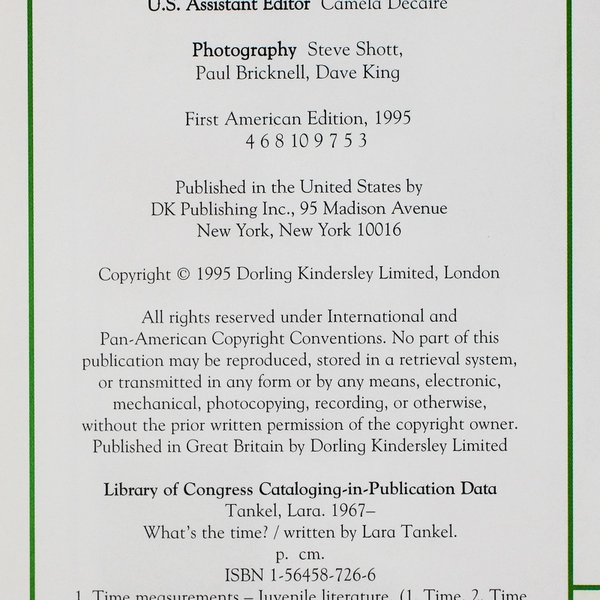 What's the Time by Lara Tankel Children's Book 1995 Hardcover