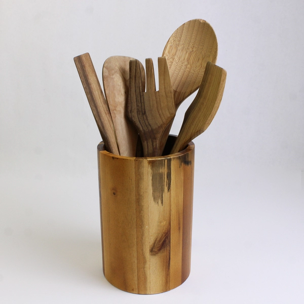 6 Piece Lot Wooden Cooking Utensils and Holder