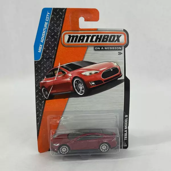 2015 Matchbox MBX Adventure City Tesla Model S Burgundy NIP