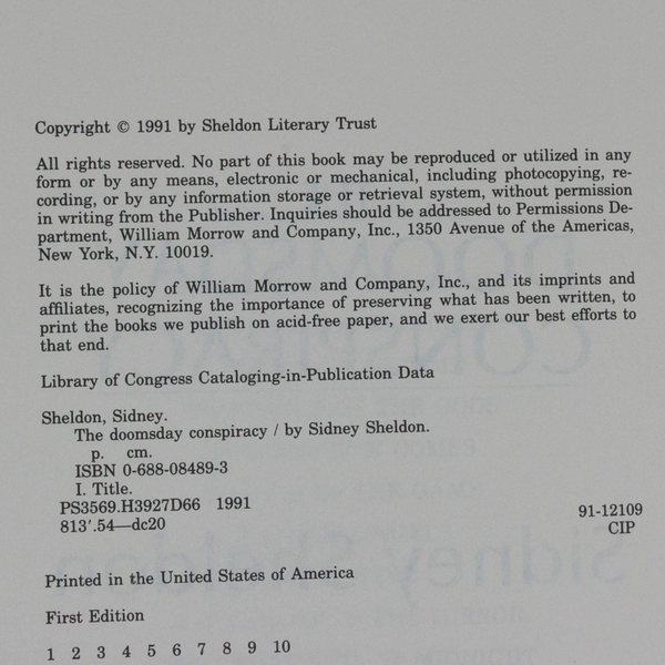 The Doomsday Conspiracy by Sidney Sheldon 1991 1st Edition Hardcover Dust Jacket