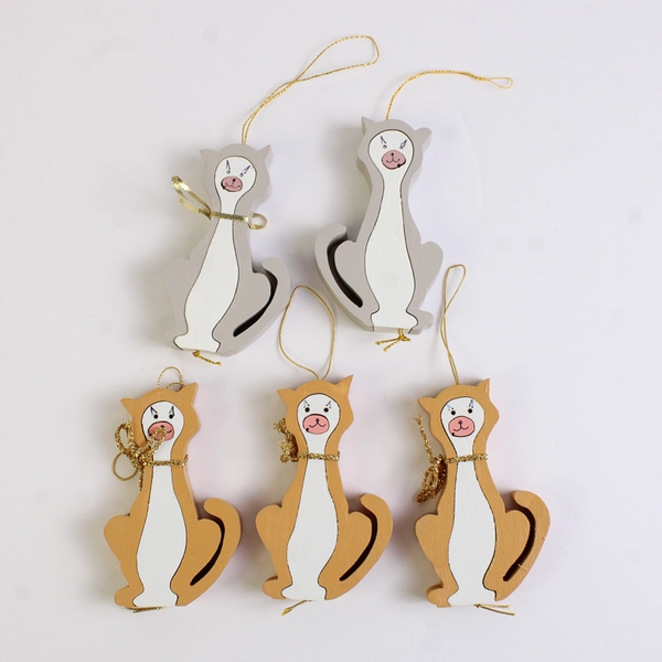 Set of 5 Hand-Painted Wooden Cat Ornaments