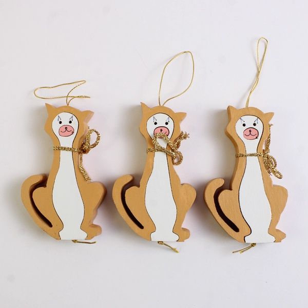 Set of 5 Hand-Painted Wooden Cat Ornaments