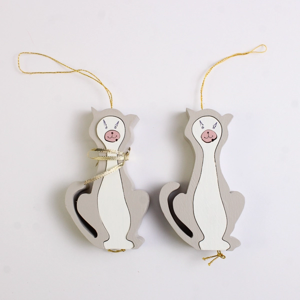 Set of 5 Hand-Painted Wooden Cat Ornaments