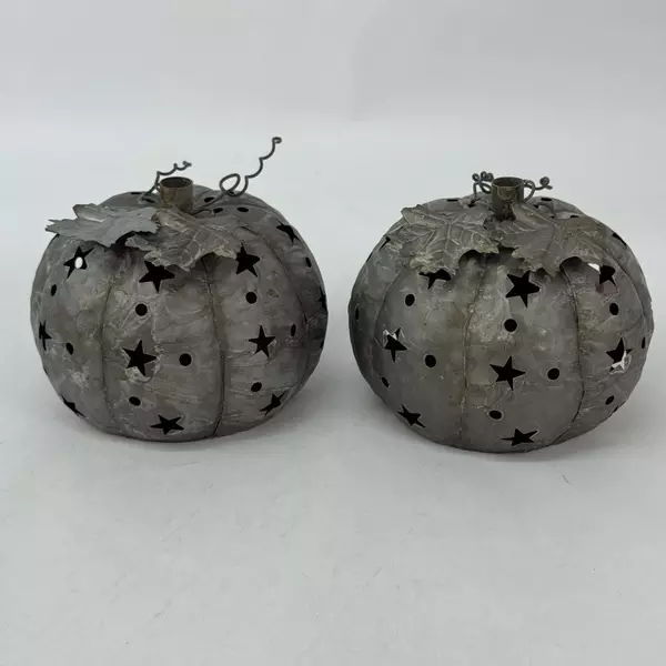 2 Pierced Metal Pumpkin Tealight Candle Holders Halloween Autumn Decor