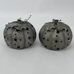 2 Pierced Metal Pumpkin Tealight Candle Holders Halloween Autumn Decor