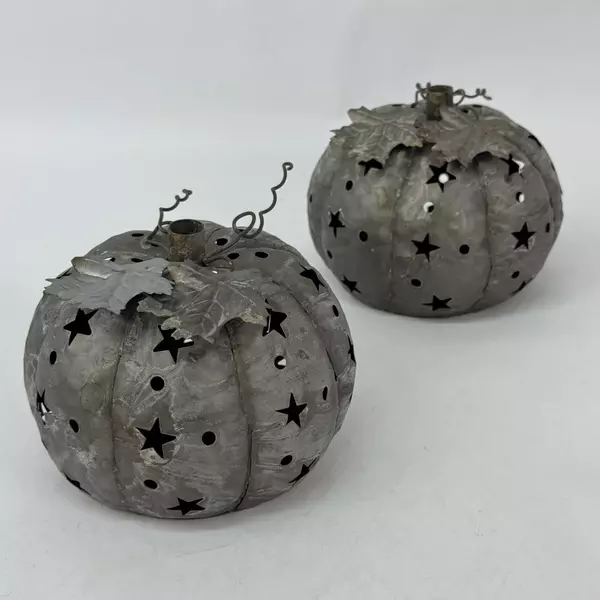 2 Pierced Metal Pumpkin Tealight Candle Holders Halloween Autumn Decor