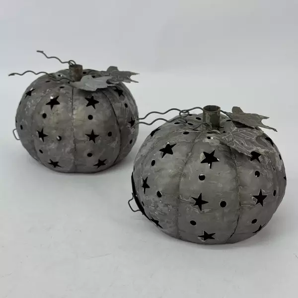 2 Pierced Metal Pumpkin Tealight Candle Holders Halloween Autumn Decor