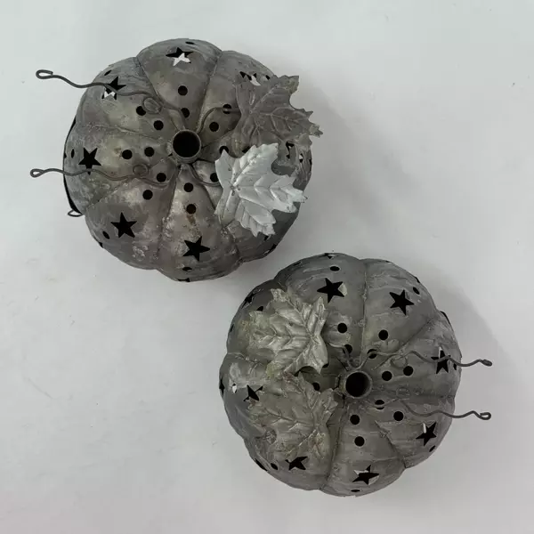 2 Pierced Metal Pumpkin Tealight Candle Holders Halloween Autumn Decor