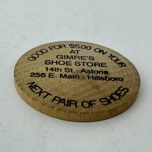 Vintage Gimres Shoe Store Wooden Nickel Token Worth $5 On A Shoe Purchase