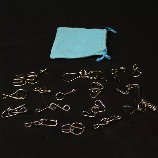 33 Piece Metal Brain Teaser Puzzle With Blue Velvet Bag