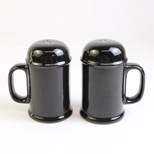 Salt & Pepper Shakers Black Ceramic Large 2-Piece Set With Handles