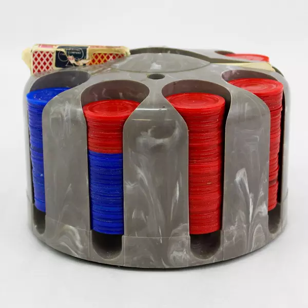 Vintage Marbled Gray Bakelite Round Poker Chip Carousel With Chips And Cards