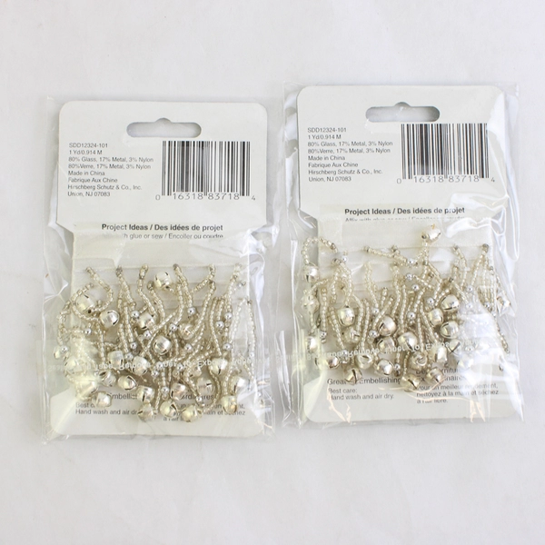Lot of 2 Packs Decorative Details 36" Beaded Fringe Trim Silver Bells SEALED