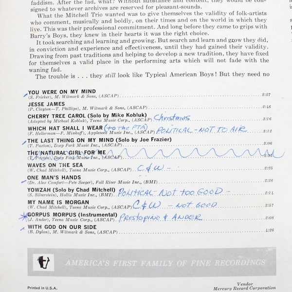 Typical American Boys The Mitchell Trio 12" Vinyl Record Classic Folk Album