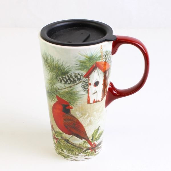Topadorn Ceramic Coffee Mug Bird Cardinal Winter With Lid 6.5" Tall