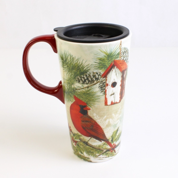 Topadorn Ceramic Coffee Mug Bird Cardinal Winter With Lid 6.5" Tall
