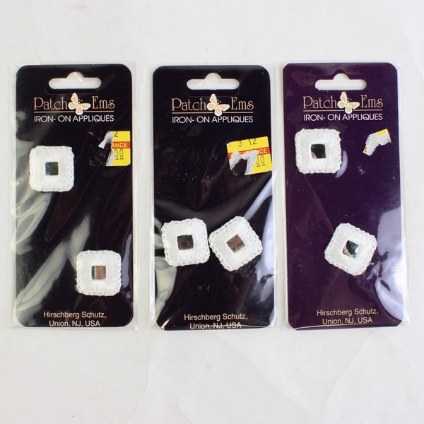 Lot of 3 Patch Ems Iron-On Appliques 0.75" Square White Mirror