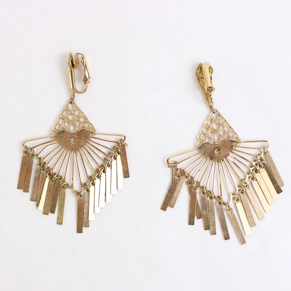 Pair of Gold Brass Metal Fringe Chandelier Earrings Fashion Jewelry Art Deco