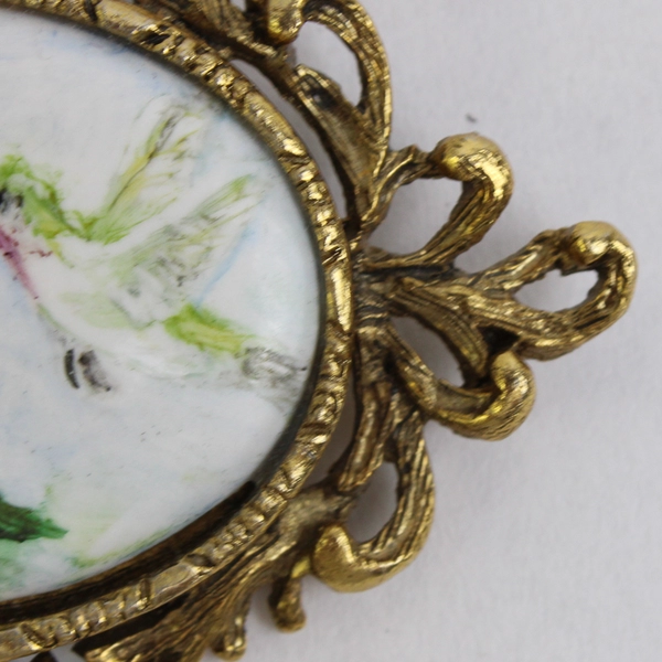 Vintage Hand-Painted Porcelain Gold-Toned Brooch Horizontal 2.75 x 1.75 in