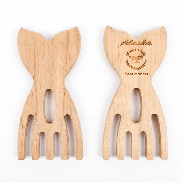 Pair Of Wooden Alaska Whales Tail Salad & Pasta Server Forks