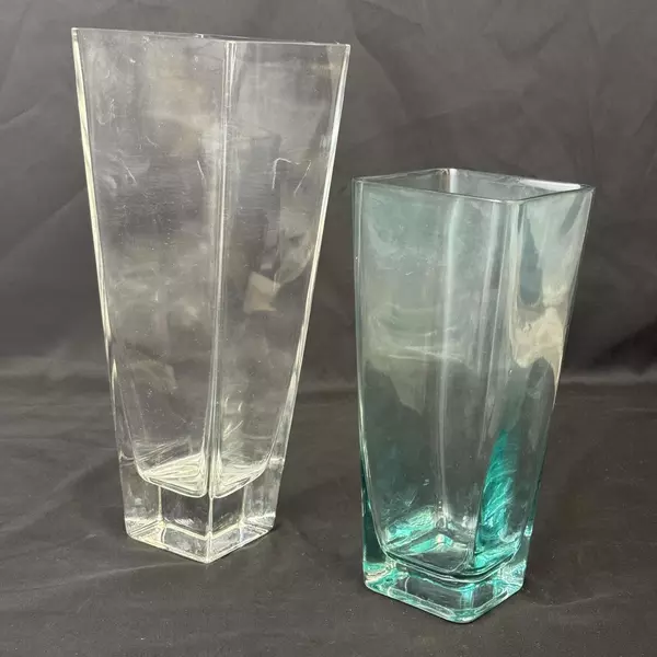Lot of 2 Tall Square Heavy Glass Cylinder Vases 10 and 12.75 Inch