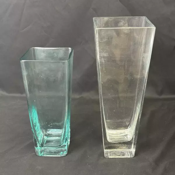 Lot of 2 Tall Square Heavy Glass Cylinder Vases 10 and 12.75 Inch
