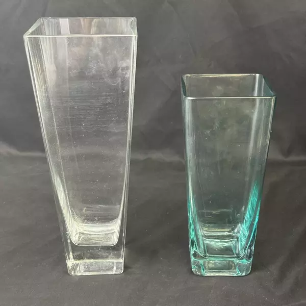 Lot of 2 Tall Square Heavy Glass Cylinder Vases 10 and 12.75 Inch