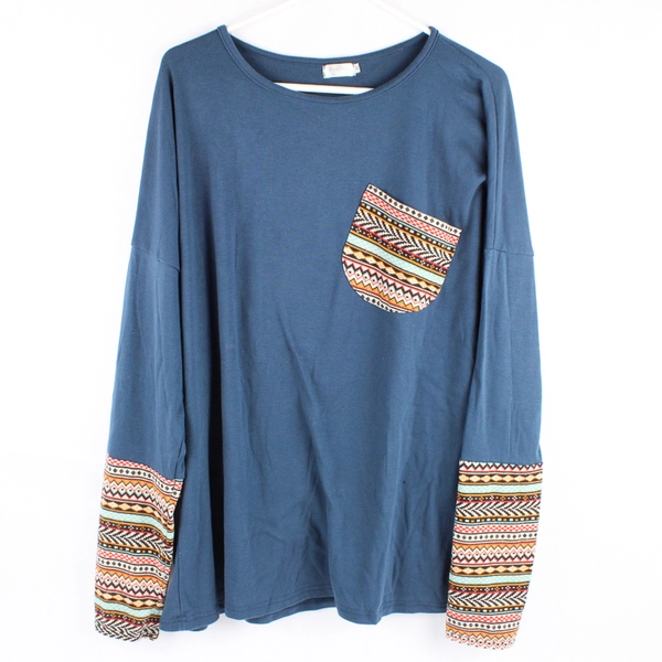 POGTMM Blue Long-Sleeved Shirt Tribal Print Accents Cotton Blend Women's Size XL