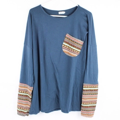 POGTMM Blue Long-Sleeved Shirt Tribal Print Accents Cotton Blend Women's Size XL