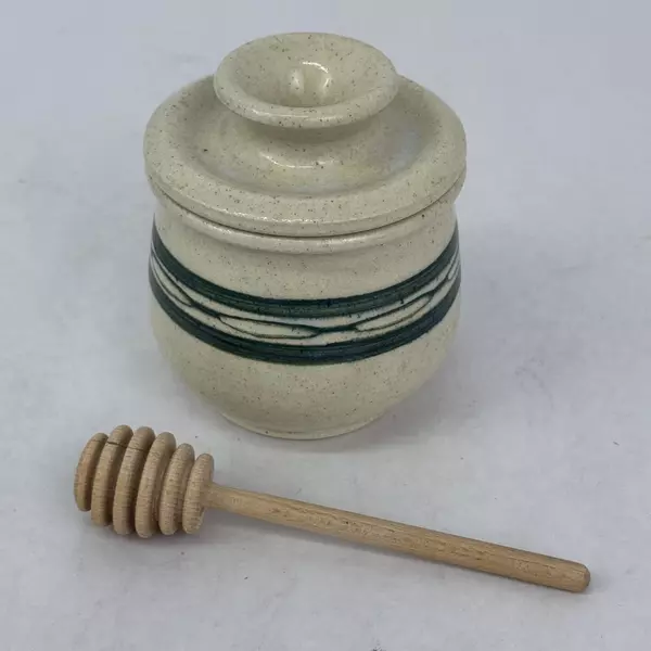 Cream With Green Band Handmade Pottery Honey Jar Signed with Honey Dipper
