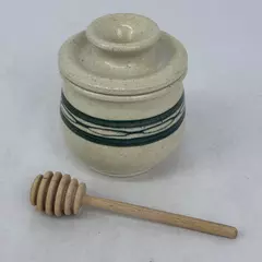 Cream With Green Band Handmade Pottery Honey Jar Signed with Honey Dipper